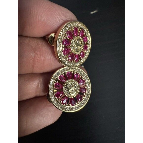 Christian Dior Stamped CD Authentic Magenta Crystals Medallion Stud Earrings - Picture 7 of 16
